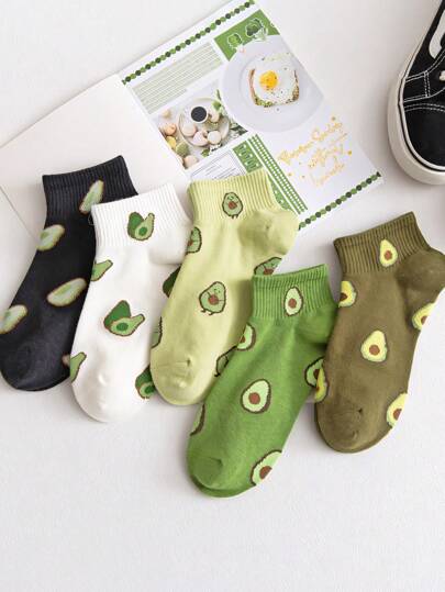 5 pares de calcetines cortos de mujer con estampado de aguacate, minimalistas, cómodos, suaves, transpirables, adecuados para primavera, verano y otoño