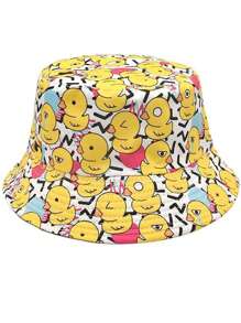 1 Pc Foldable Reversible Duck Print Bucket Hat For Women, Polyester, Sun Protection, Suitable For Spring/Summer, Beach