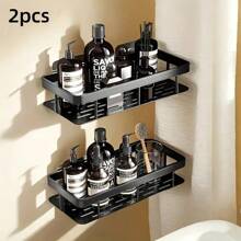 2pcs Black Anti-Rust Polished Metal Bathroom Shelves, Wall Mounted Without Drilling, Storage For Shampoo & Conditioner, Space Saving Hooks, 8mm Pipe Diameter, Set Of 2 - Multicolor - View 4