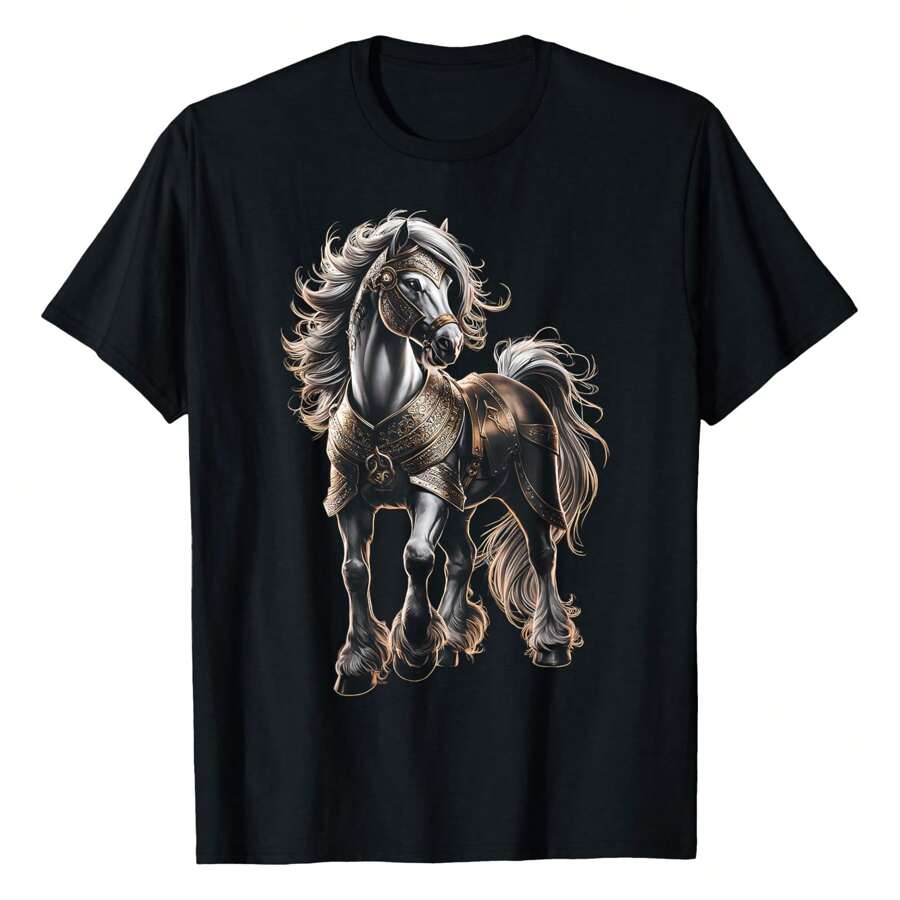 Horse Art Drawing Dressage Horseback Riding Horse Lover T-Shirt Graphic Tees Short Sleeve Casual Women Men T Shirts 100% Cotton Tee Shirt Womens Summer Tops Funny Print Women's T-Shirts Soft Comfy Everyday Wear Daily Gift Woman Tshirt Black - Black - View 1