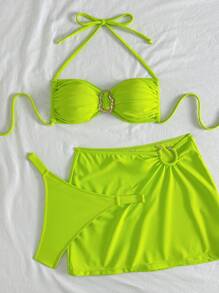 Spring Break & Summer Women Metal Decor Bandeau Bikini Swimwear Set And Mini Skirt - Green - View 1