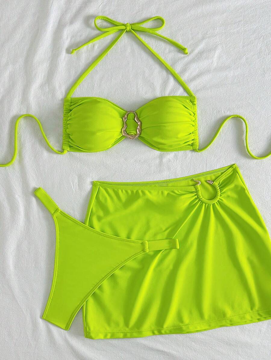 Spring Break & Summer Women Metal Decor Bandeau Bikini Swimwear Set And Mini Skirt - Green - View 1