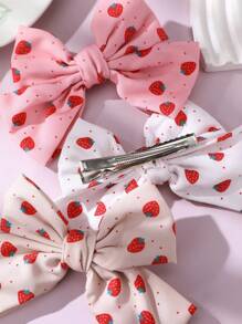 3 pièces/Set Barrettes à cheveux pour filles avec nœud en tissu imprimé fraise - Multicolore - Voir 3