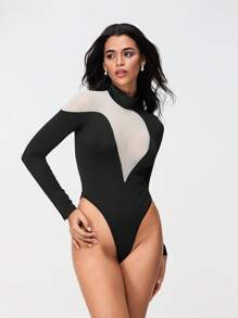 Women's Slim Bodysuit Long Sleeve High Neck Mesh Patchwork Solid Color High Cut Bodysuit - Black - View 4