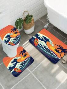 1 conjunto, patrón de ola, paisaje de puesta de sol, coche, tabla de surf, juego de 3 piezas de alfombra de baño de elementos diarios, alfombra de baño absorbente y lavable, alfombra de baño antideslizante, tapa de inodoro, alfombra de baño gruesa y suave, ducha, cocina, lavandería, baño, sala de estar, dormitorio, alfombra de interior, accesorio de decoración del hogar