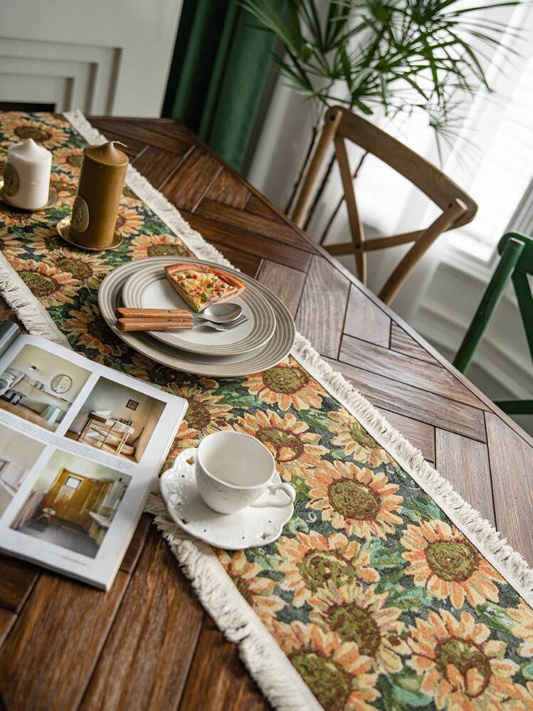 Oil Painting Sunflower Jacquard Decorative Table Runner, American Retro Style Kitchen Home Decor, Rectangular Tablecloth For Coffee Table TV Cabinet, Dust Cover, Suitable For Holidays, Family Party, All Seasons - Multicolor - View 3