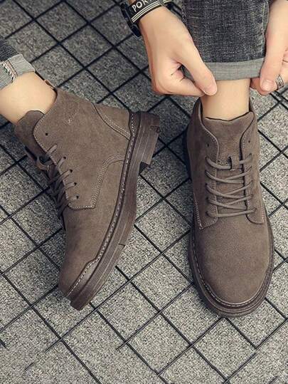 Hombres De Moda De Color Sólido Punta Redonda Con Cordones Botas De Tacón Grueso, Cómodo Antideslizante Botas De Los Hombres De Tobillo, Botas De Trabajo Multifuncional, Adecuado Para Caminar Al Aire Libre, Entrenamiento De Trabajo