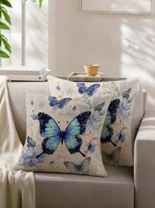 装饰花卉和蝴蝶设计枕套，无插入物，方形天鹅绒印花垫套适用于客厅、卧室、家居装饰、沙发、汽车、所有季节
