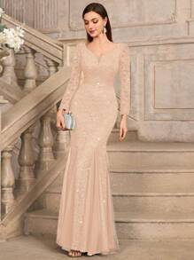 MIUSOL 亮片花卉蕾丝深V领长袖网纱美人鱼晚礼服，适合婚礼宾客、正式场合等，也适合情人节春季优雅派对。 - 香檳色 - 查看 6