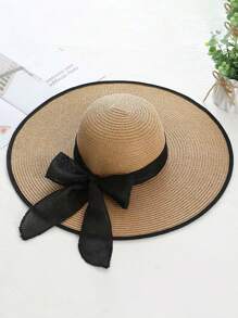 1pc Fashionable Wide Brim Straw Hat With Black Ribbon Decoration, Minimalist Style - Khaki - View 2