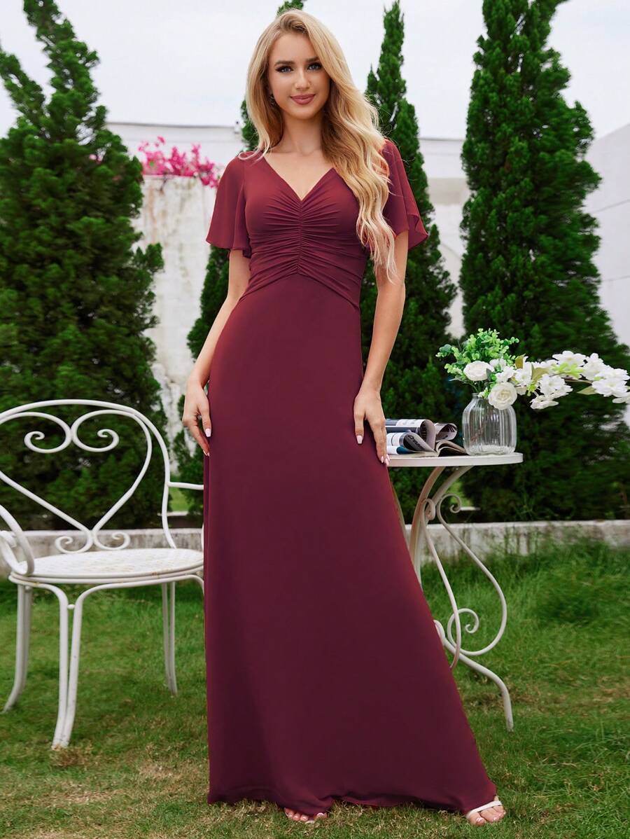 EVERPRETTY Elegant Short Sleeve Solid V-Neck Ruched Draped Burgundy Bridesmaid Dresses - Burgundy - View 1