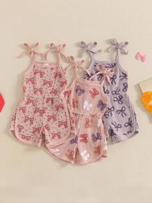 Mono de verano sin mangas estilo casual para bebé y niña pequeña con lazo, estampado y tirantes con nudo, ropa linda para recién nacidos