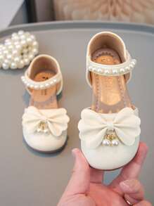 Girls' Minimalist Solid Color Pearl Decor Flat-Bottomed Outdoor Sandals - Beige - View 2