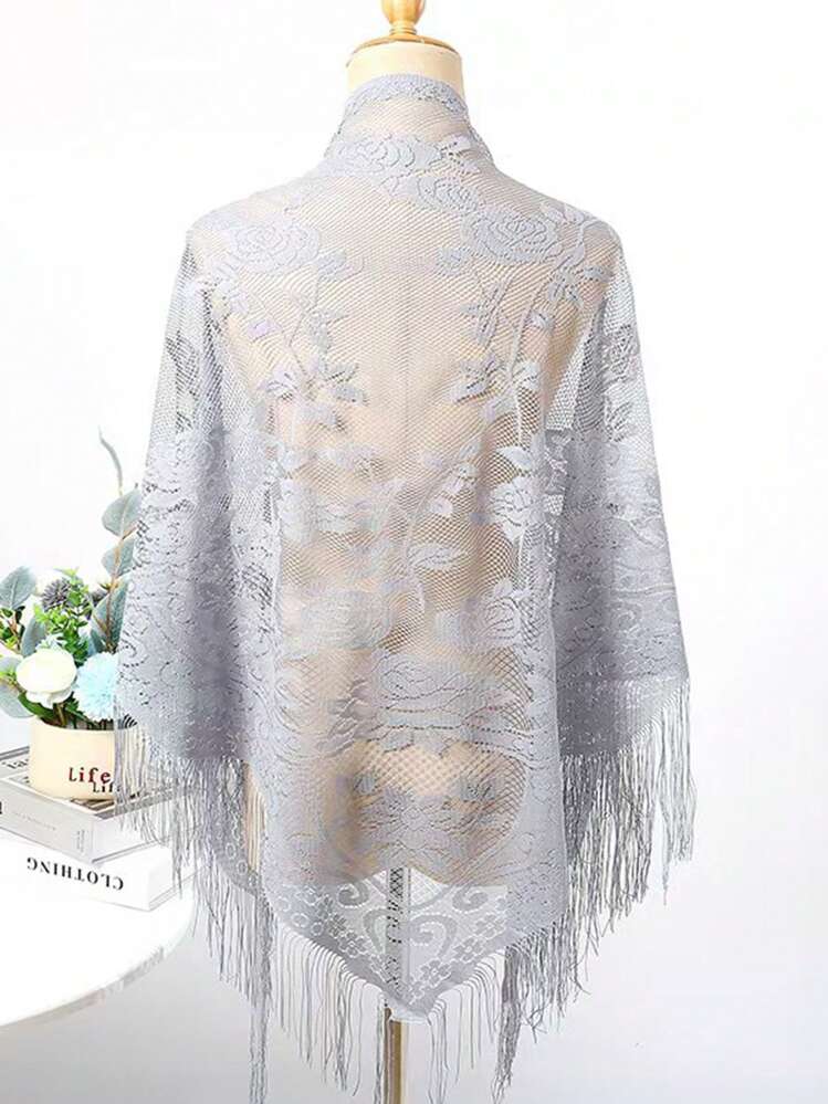 1 pieza Bufanda/Chal triangular de mujer de unicolor con encaje, rosa, flecos, diseño elegante y de moda, transpirable, pañuelo para el cuello para vestir - Rosa - Ver 9