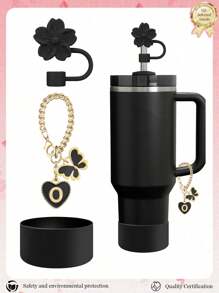 3pcs Accessories Designed For 30-40oz Cups, Pink Letter Cup Marker & Silicone Hibiscus Flower Straw Caps, , Reusable Straw Caps For 10mm Large Diameter Straws, Cute LetterStanley AccessorySelf-Adhesive Chenille Letter,Cup Accessories.Compatible With Stanley Backto School /Beach Essentials