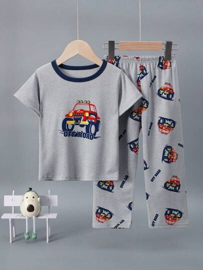 2pcs/Set Toddler Boys' Cartoon Truck & Dinosaur Print Short Sleeve Pajama Set, Lightweight For Spring/Summer