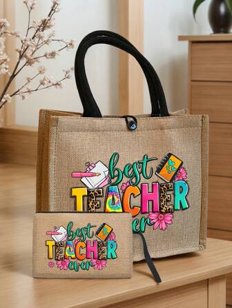 Creative Teacher Letter Print Linen Tote Bag - Featuring Pen, Notebook And Floral Patterns, Big Bag With Small Bag, Khaki Color Contrast Shopping Bag, Teacher's Day Gift, Women's Linen Large Capacity Handbag
