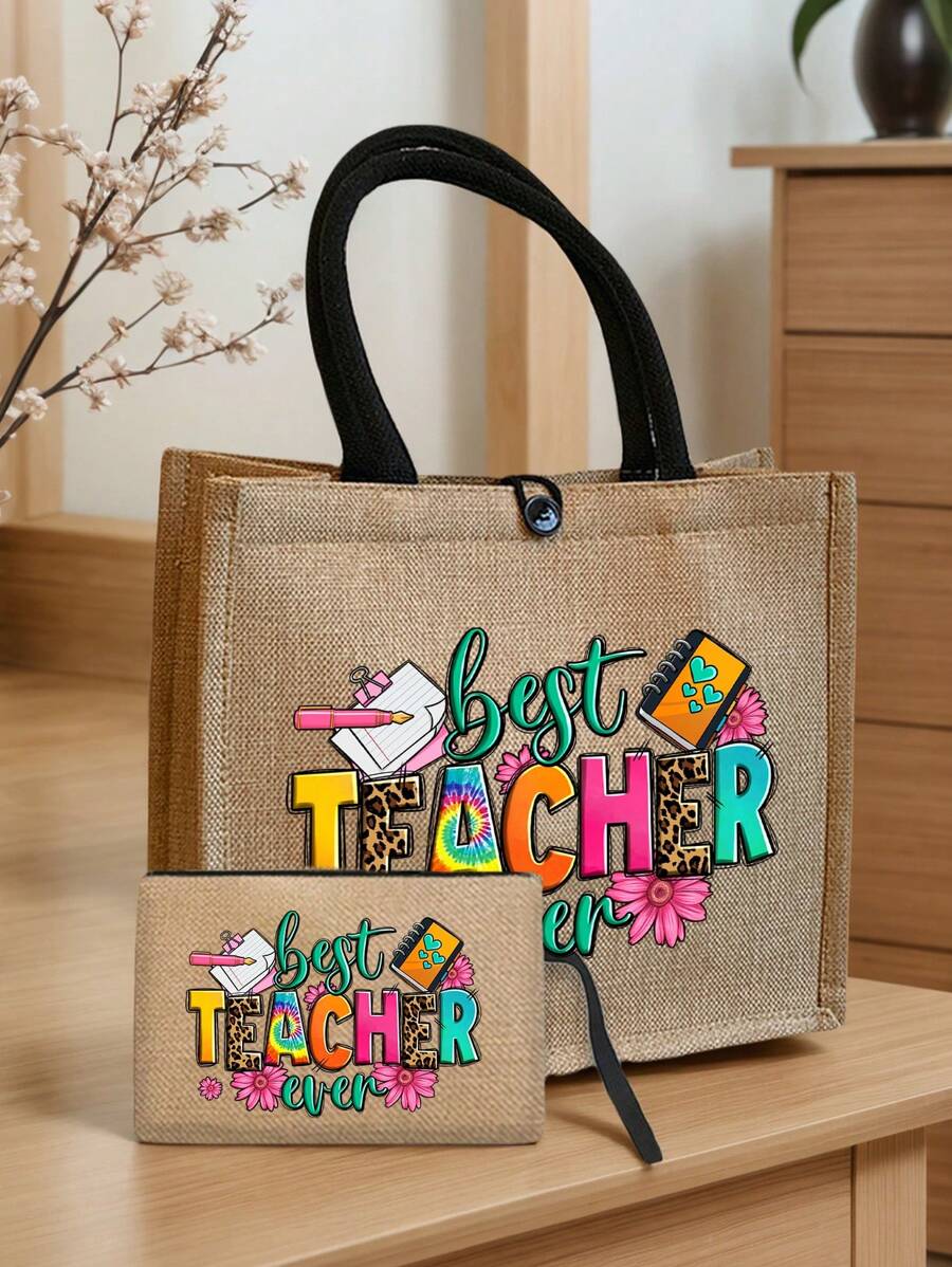 Túi tote vải lanh in hình chữ cái dành cho giáo viên - Có hình bút, sổ tay và họa tiết hoa, túi lớn kèm túi nhỏ, túi mua sắm phối màu kaki, quà tặng Ngày Nhà giáo, túi xách vải lanh cỡ lớn dành cho nữ. - Màu Khaki - Xem 1