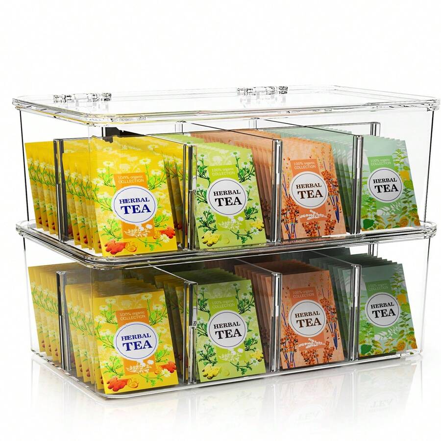 1 pieza Caja organizadora de escritorio con 8 compartimentos para bolsitas de té, con tapa, removible y apilable, para paquetes de café y azúcar