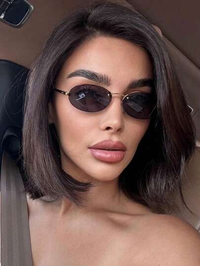 1pc Women's Dark Grey Oval Frameless Metal Leg Edged Small Frame Fashionable Eyeglasses, Suitable For Daily Wear Elegant Outfit For Summer Beach Vacation,Outdoor,Travel Preppy Style For Back To School