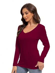 LKESRC Women's Long Sleeve Shirt Soft V-Neck Top Fitted Tight Solid Color Basic T-Shirt - Đỏ tía - Xem 4