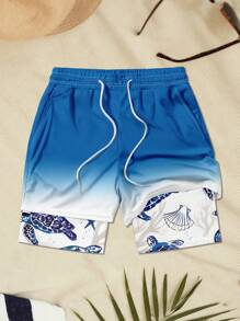 Men Turtle Printed Lining Casual Double Layer Beach Shorts,Hawaiian