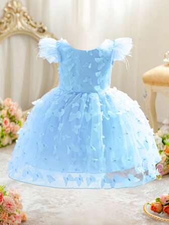 EHOMKIDS 女童连衣裙 幼儿蓝色 3D 蝴蝶和羽毛盖袖派对婚礼花童及膝连衣裙