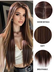 高品质舒适自然长直发女士假发 28 英寸长直发，金色亮点，无刘海，合成耐热纤维材料，适合度假、旅行、家庭聚会、角色扮演、日常佩戴