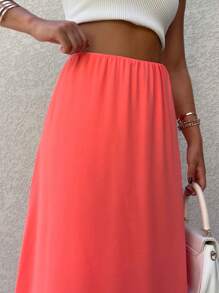 Plain Long Skirt (Crepe Servilha) - 橘色 - 查看 3