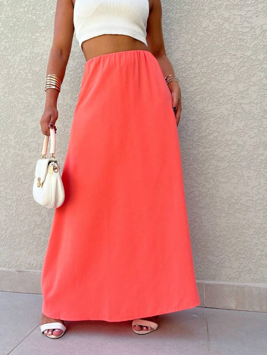 Plain Long Skirt (Crepe Servilha) - 橘色 - 查看 1