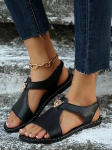 女士时尚露趾黑色凉鞋，带金属豹头装饰，镂空设计，系带，优雅度假风格平底凉鞋，适合夏季