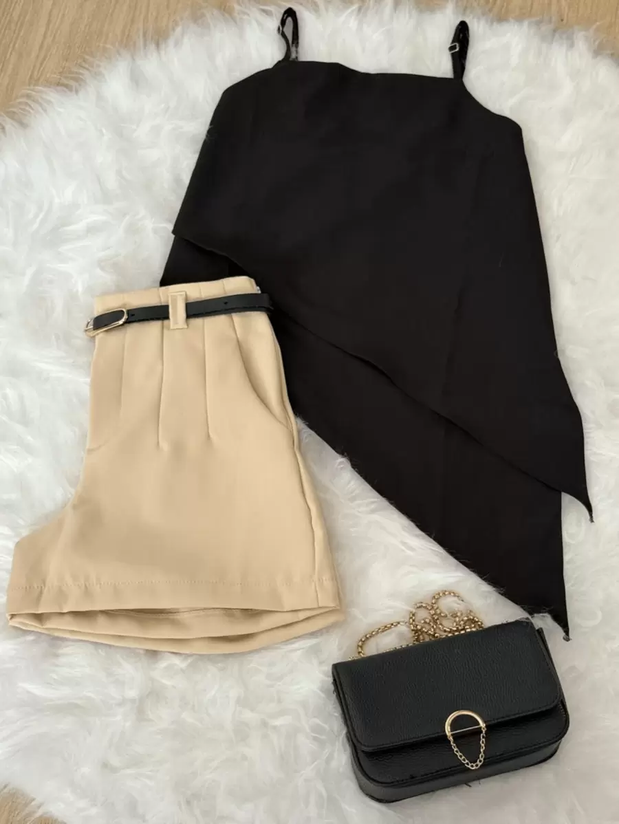 Elegant Set Of Tailored Shorts With Pocket And Free Belt Plus Asymmetrical Blouse Fashion 2025 - Beige - View 1