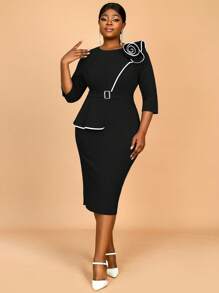 Plus Size Elegant Midi Dresses 3/4 Sleeves Asymmetrical Ruffles 3D Flower Modest Color Block Spring Outfits For Women, Party Dress, For Cocktail - Black - View 6