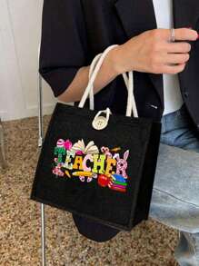 1pc Bunny Teacher Letter Print Linen Tote Bag, Reusable Printed Women'S Tote Bag, Double Handle Shopping School Bag, Large Capacity Shoulder Bag, Casual Tote Bag, Easter Storage Bag, Suitable For Commuting, School And Shopping, Convenient For Outdoor Use, Gift For Friends And Bffs, Teacher Gift, Perfect Choice For Holidays And Festivals