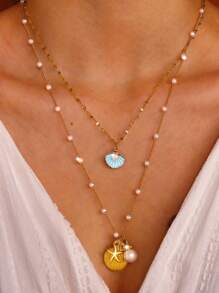 2pcs/Set Simple Fashionable Beach Necklace, Starfish Pearl Shell Layered Chain Design, Ideal Women Gift For Holiday - Multicolor - View 11