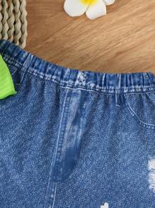 Set 2 bucăți pentru fete tinere: Top cu mâneci cu volan, cu decolteu în V și șort imprimat inspirat din denim, vară - Verde - Vizualizare 6