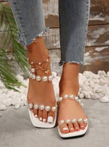 Latest Spring/Summer Women Plus Size Casual Flat Slippers, Pearl Transparent Crystal TPU, Comfortable Holiday Casual Sandals, Multi-Functional Lightweight - White - View 7