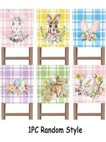 6Pcs Easter Chair Cover Watercolor Bunny Flower Eggs Easter Chair Back Covers Rabbit Spring Decorative Case Buffalo Plaid Farmhouse Decorations For Kitchen Wedding Party Decor