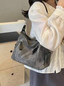 Matte Textured Large Capacity Fashionable Versatile Shoulder Bag, High-End Feel Beach Tote Handbag Shopping Bag - Black - View 6