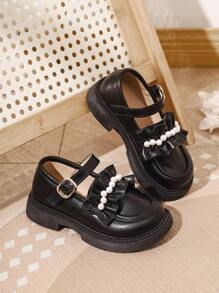 1 paire de chaussures filles mode en dentelle, faux perle, avec fermeture crochet et boucle antidérapante, convient pour l'école, l'extérieur, le port quotidien, toutes les saisons