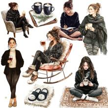 1 Pack Retro Black Style Girl Reading, Drinking Tea, Writing Diary Stickers For DIY Journal, Scrapbook, Notebook