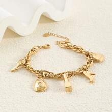 1 件复古不锈钢钥匙扣吊坠，钛钢爱心元素设计手链，时尚百搭情侣礼物 - 珍珠愛心 - 查看 6