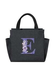 Large Capacity Insulated Lunch Bag, Letter Print - Polyester Material, Foldable Design, Suitable For Outdoor Picnic And School - Perfect Gift - Black - View 15