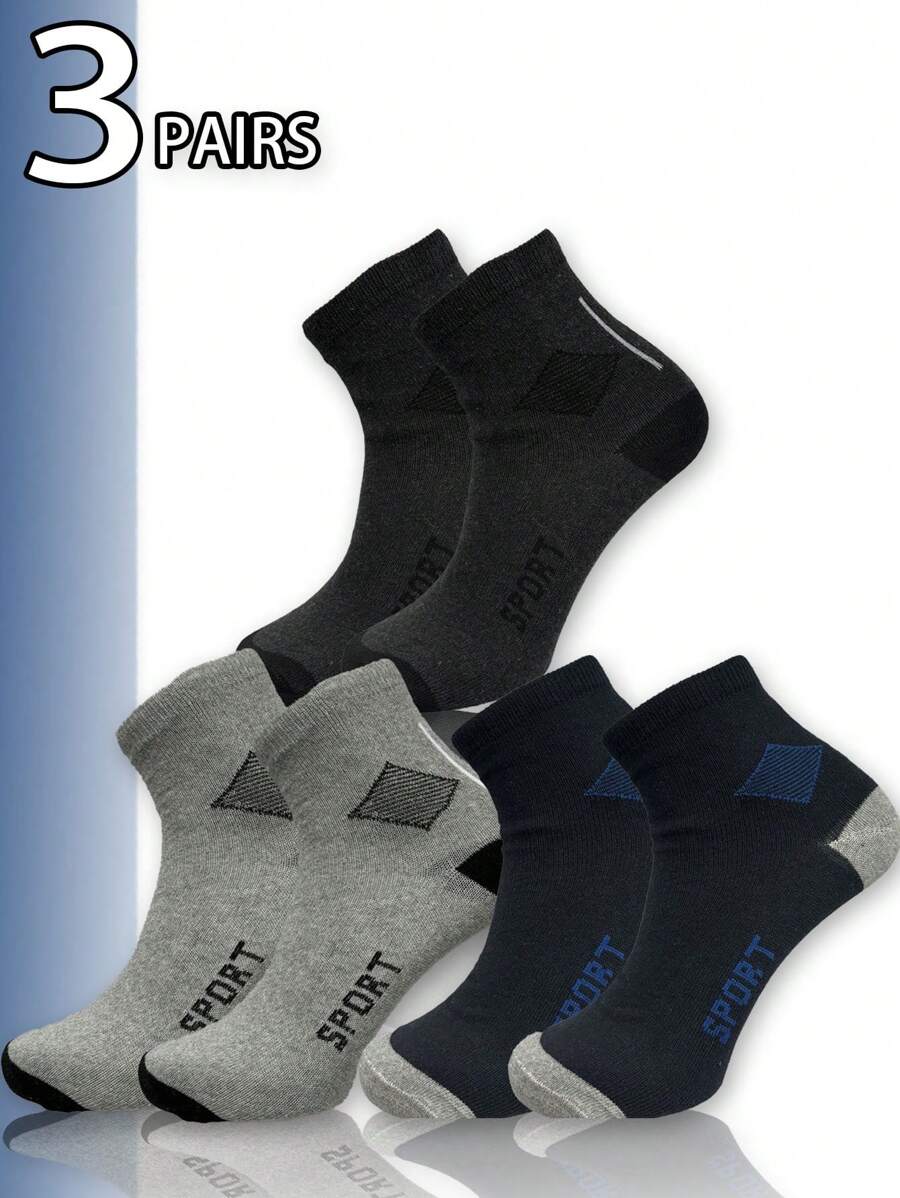 3 双男士休闲商务袜，菱形字母设计，柔软舒适，春夏中筒袜 - 彩色 - 查看 1