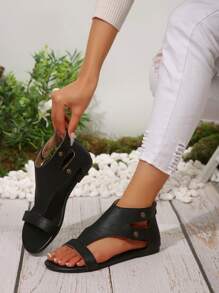 2025 Summer Outdoor Solid Color Comfortable Patchwork Zipper Back Flat Plus Size Women Roman Sandals