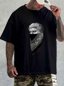 Plus Size Men's Mysterious Masked Statue Print Round Neck Short Sleeve Casual Loose T-Shirt - Black - View 1
