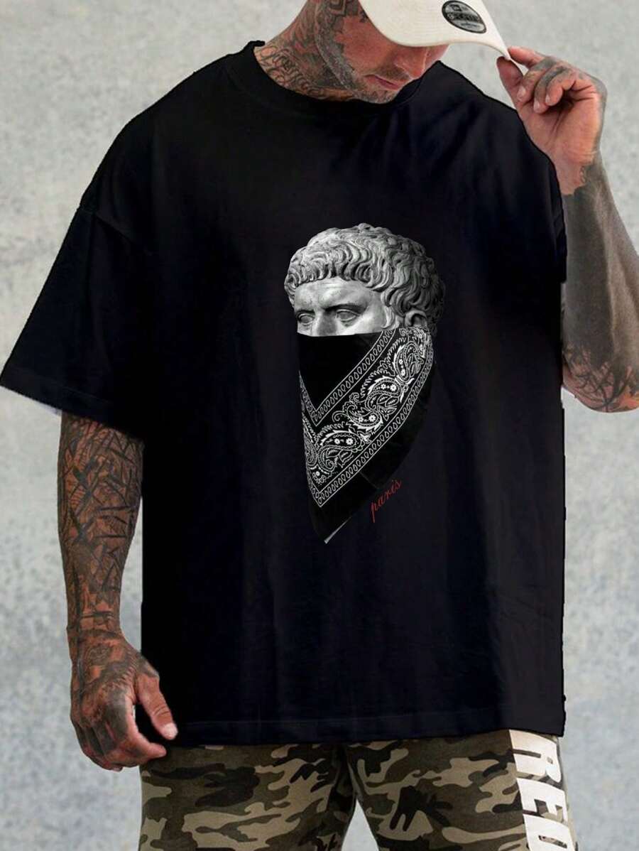 Plus Size Men's Mysterious Masked Statue Print Round Neck Short Sleeve Casual Loose T-Shirt - Black - View 1