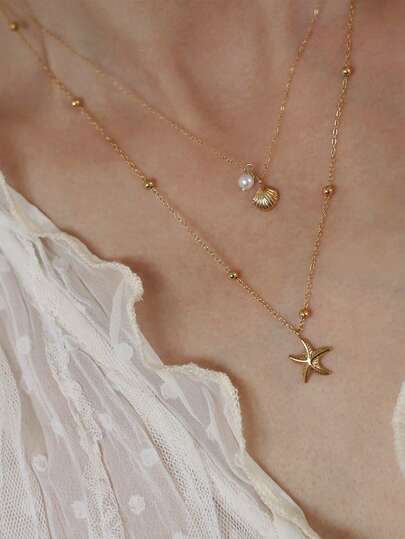 Tropiscape 1件休闲ins风2025新款18K镀金不锈钢高防护双层贝壳海星吊坠项链，适合女性，沙滩度假佩戴，防水首饰配饰礼品，美国制造 - 不含礼盒 沙滩秋季圣诞节冬季圣诞礼物
