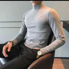 Men's Ribbed Turtleneck Long Sleeve Shirt, Old Money Style - 淺灰色 - 查看 2