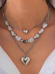 时尚爱心吊坠具有设计感不对称仿珍珠折叠项链 - 項鍊套裝 - 查看 2